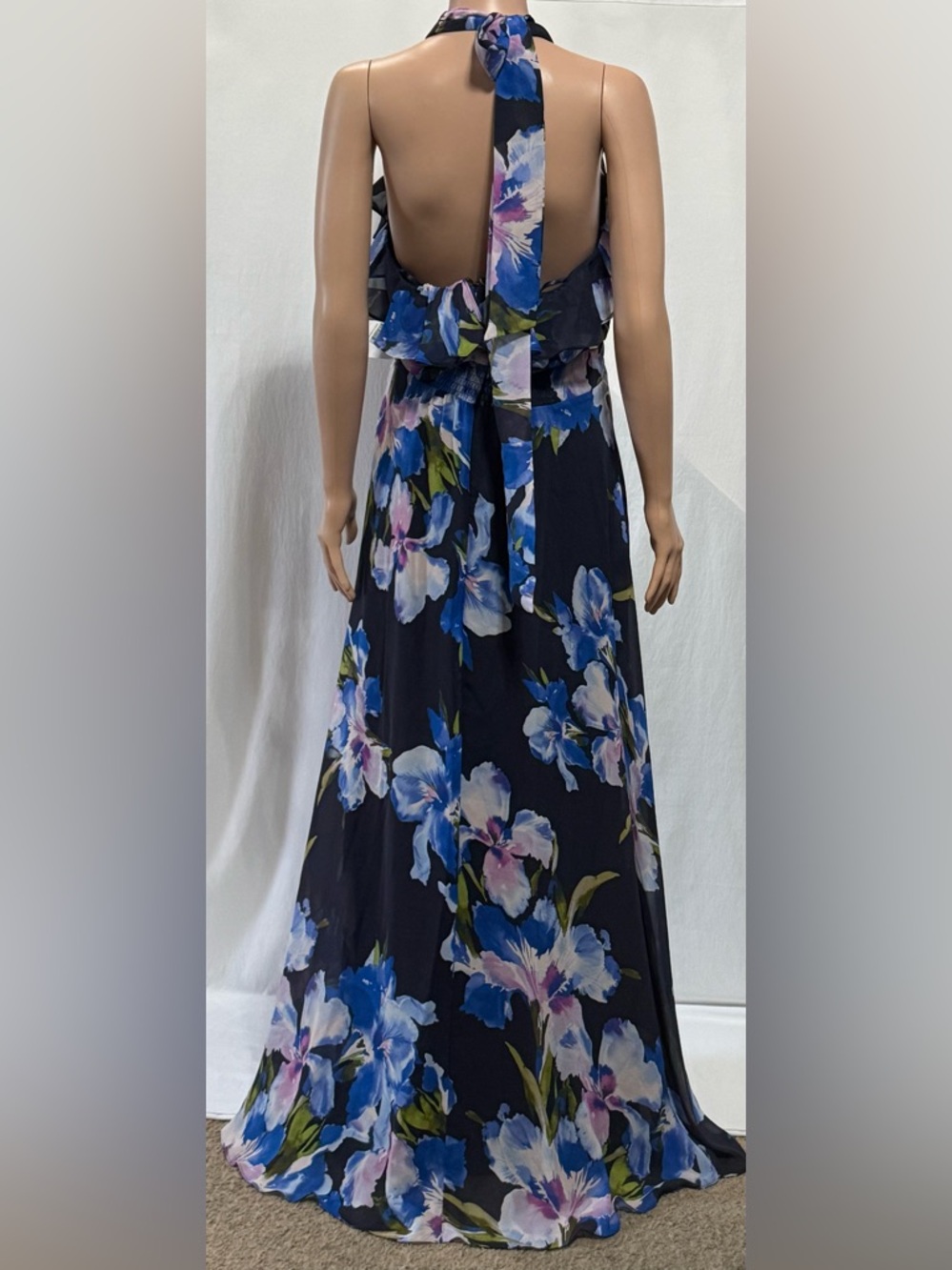 Eliza J Floral Chiffon Halter Maxi Dress Ruffle Neck Navy Multi Size 4 - Picture 4 of 13